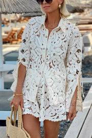 Always Favourite Lace Hollow Tie-up Slit Long Sleeve Shirt and Elastic Waist Shorts Set
