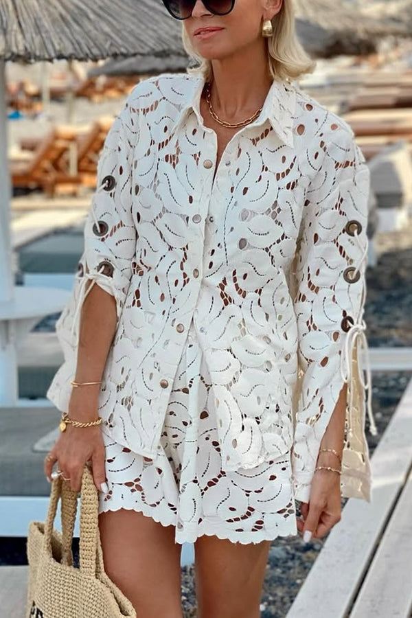 Always Favourite Lace Hollow Tie-up Slit Long Sleeve Shirt and Elastic Waist Shorts Set