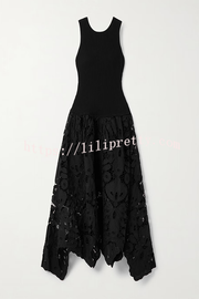 Atlas Asymmetric Ribbed-knit and Guipure Lace Back Zipper Midi Dress