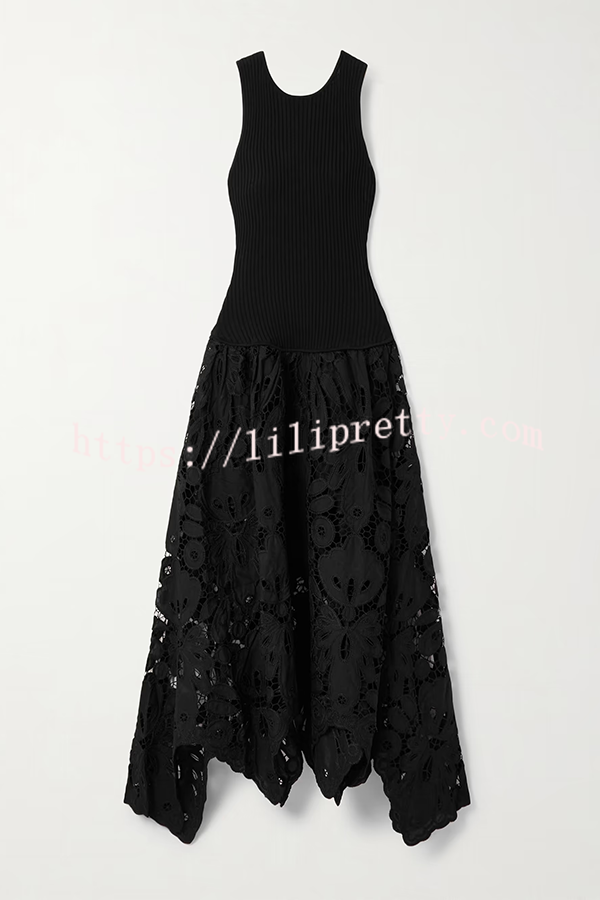 Atlas Asymmetric Ribbed-knit and Guipure Lace Back Zipper Midi Dress