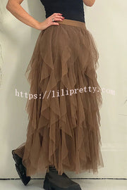 Lilipretty Lilipretty Glitz & Glammer Ruffled Tulle Stretch Waist Midi Skirt