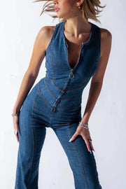 Fashionable Heart Hollow Back Slim High Waist Flared Denim Jumpsuit