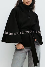 Fashionable Stand Collar Button Waist Tie Loose Cape