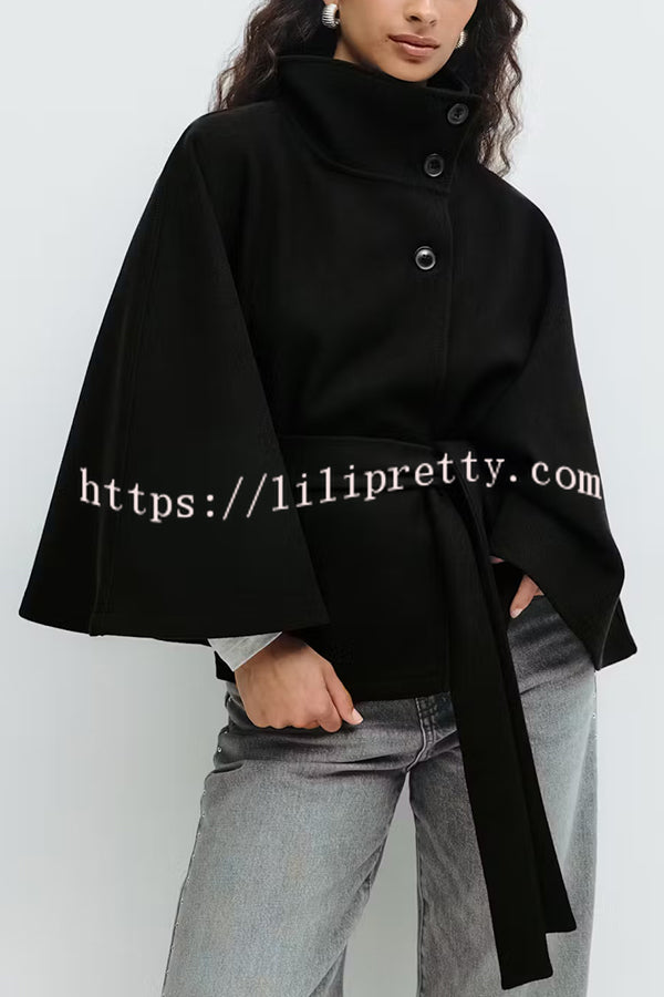 Fashionable Stand Collar Button Waist Tie Loose Cape
