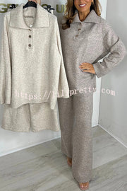 Solid Color Lapel Long-sleeved Loose Top and Elastic Waist Casual Pants Set