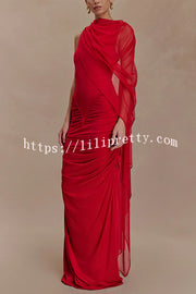 Fashionable Mesh Shawl Sleeveless Slim Fit Pleated Maxi Dress