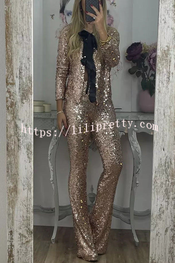 Holiday Cheer Sequin Tie-front Satin Bow Long Sleeve Jacket