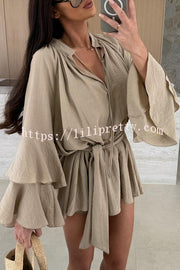 Solid Color V-neck Ruffled Long Sleeve Waist Tie Mini Dress