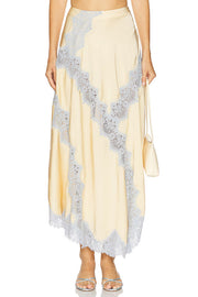 Wine Tasting Contrast Color Satin Lace Trim Irregular Hem Drape Midi Skirt