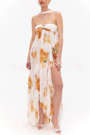 Mariah Floral Print Starfish Brooch Inverted Halter Neck Slit Ruffles Maxi Dress