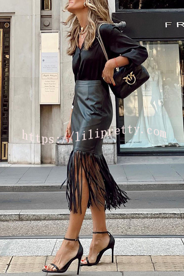 Lilipretty Haow Solid Color Fringed Paneled Leather Skirt