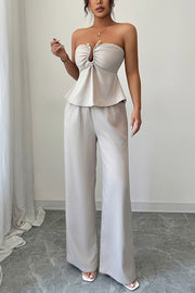 Solid Color Off-shoulder Backless Tube Top and Casual Pocket Straight Pants Set
