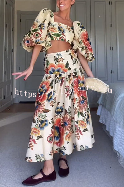 Jungle Style Linen Blend Floral Print Puff Sleeve Crop Top and High Waist Midi Skirt Set