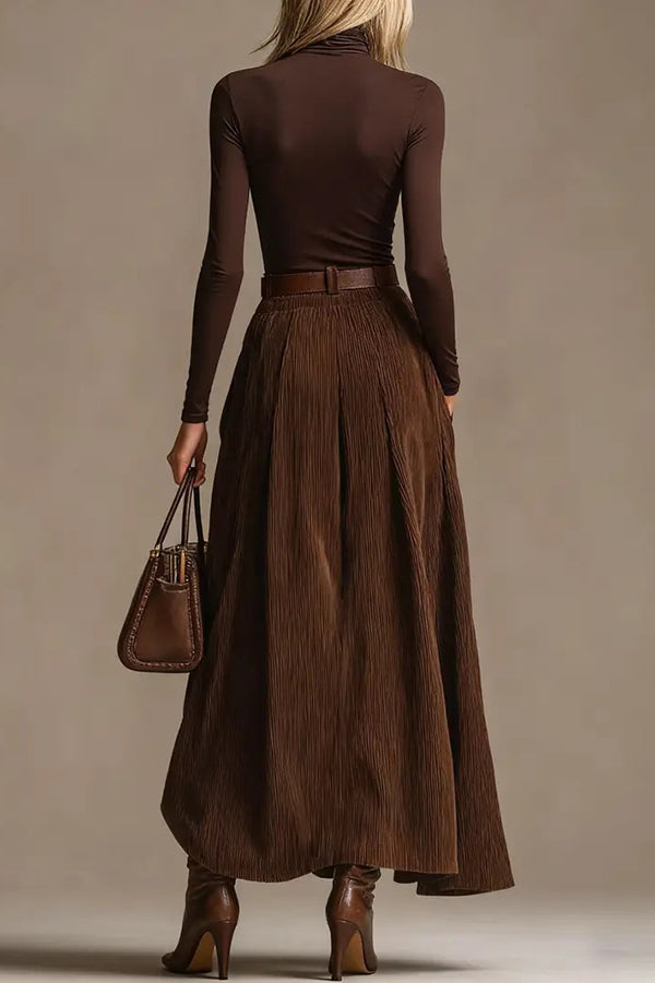Stylish High-neck Long-sleeved Fitted Top and Casual Elastic Waist Pocket Maxi Skirt Set