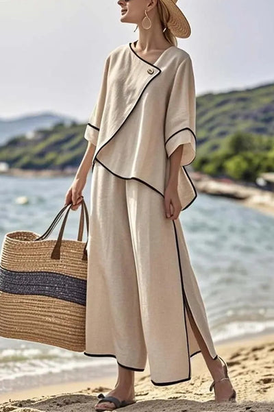 Stylish Color Trim Asymmetrical Casual Top and Elastic Waist and Wide-leg Pant Set