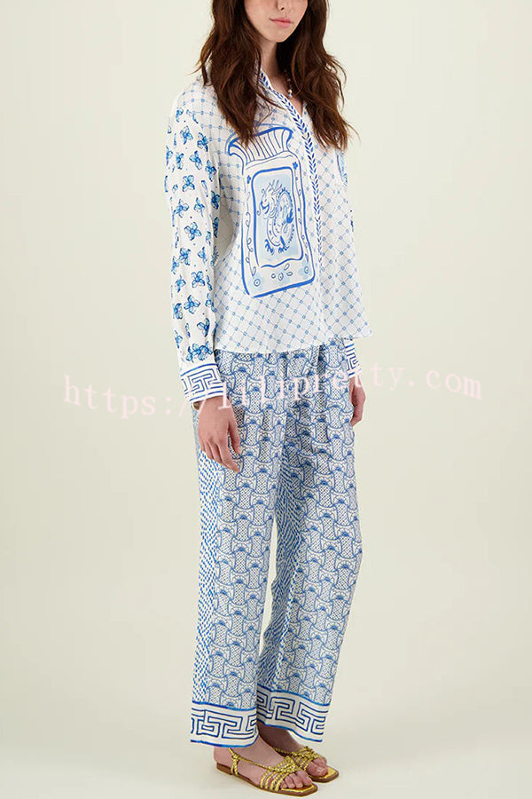 Stylized Dragon Satin Unique Print Long Sleeve Loose Shirt and Elastic Waist Pants Set