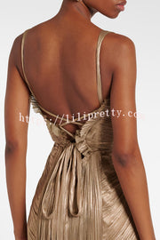 Vegas Queen Metallic Pleated Sculpted Bodice Back Lace-up Drape Maxi Dress