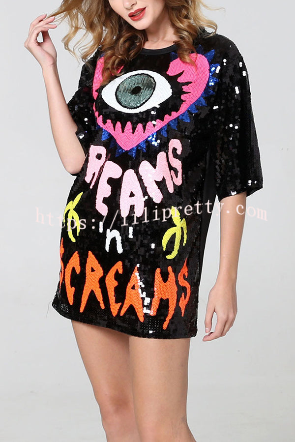 Love Eyes Letters Sequined Round Neck Short Sleeve Mid-Length Loose T-Shirt