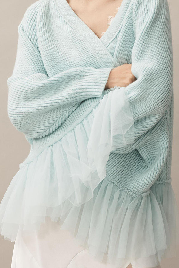 Fashionable Splicing Mesh Ruffle Knitted Long-sleeved Loose Cardigan