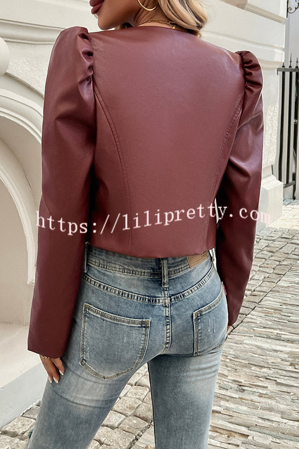 Yelissa Faux Leather Statement Long Sleeve Open Front Crop Jacket