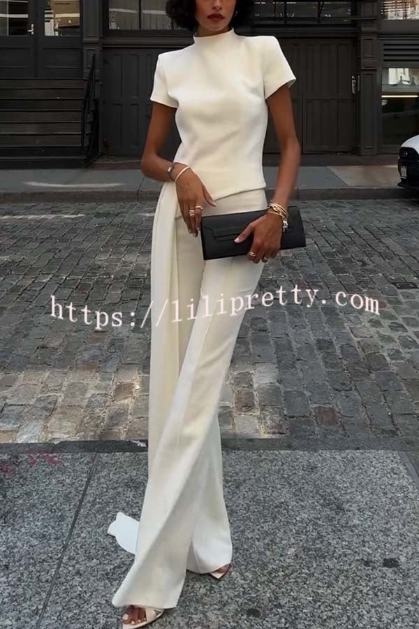 Pippa High Neck Short Sleeve Irregular Drape Hem Top and Elastic Waist Flare Pants Set