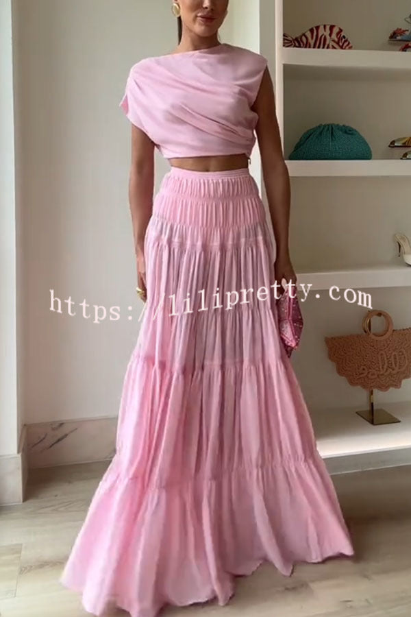 Stunning Chiffon Ruched Shoulder Short Sleeve Crop Top
