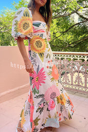 Lilipretty® Looking for Sunshine Floral Print Square Neck Bubble Sleeve Maxi Dress