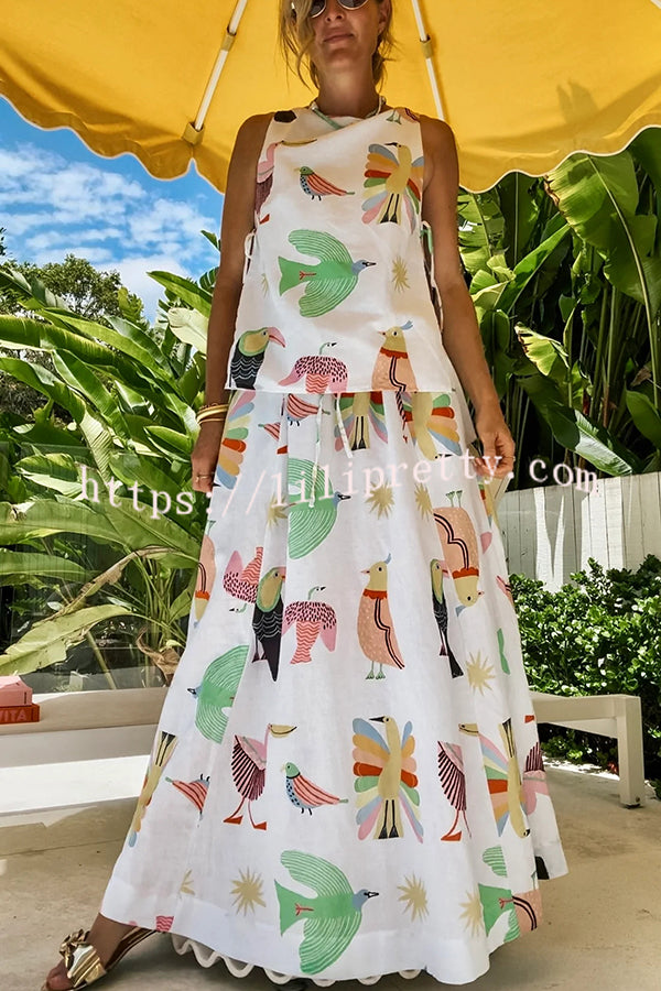 Island Paradise Linen Blend Unique Print Tie-up Slit Tank and Elastic Waist Pocketed Maxi Skirt Set