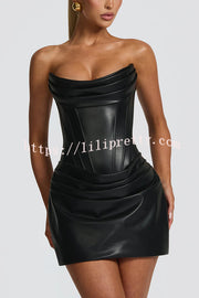 Palmer Faux Leather Pleated Off Shoulder Neck Slit Stretch Mini Dress