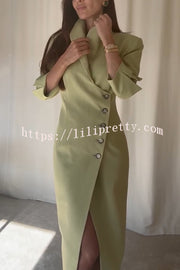 Elegant Look Linen Blend Stand Lapel Neck Half Sleeve Side Button Midi Dress