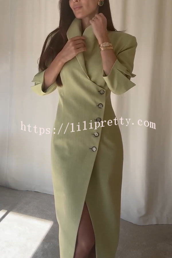 Elegant Look Linen Blend Stand Lapel Neck Half Sleeve Side Button Midi Dress