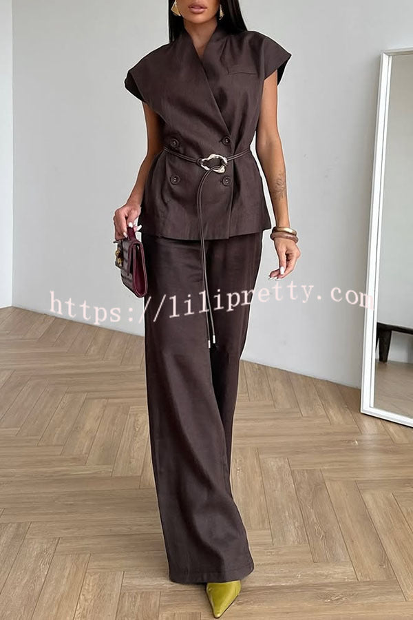 Modern City Double Breasted Belted Wide Short Sleeve Suit and Elastic Waist Loose Pants Set