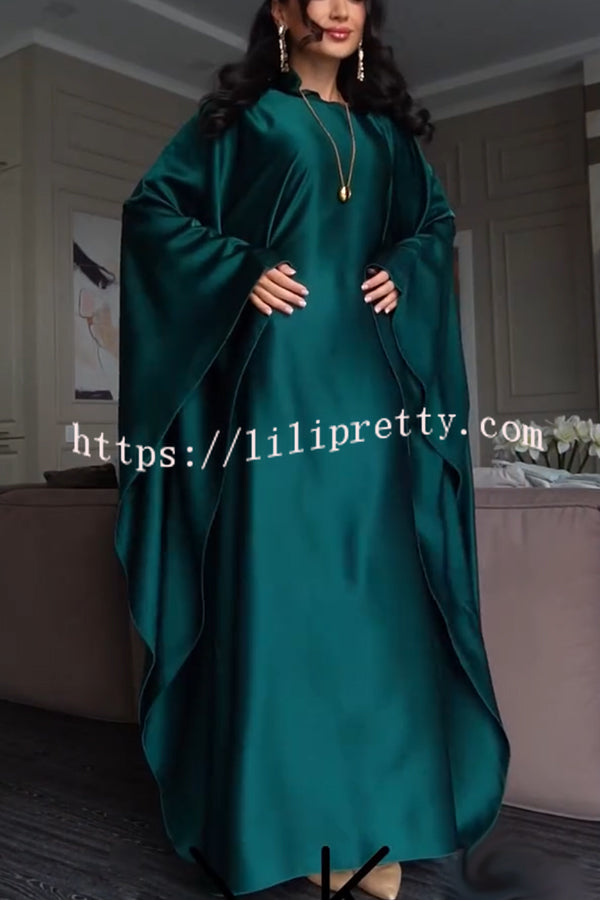 Dignified and Elegant Satin Batwing Sleeve with Waist Tie Design A-line Maxi Dress