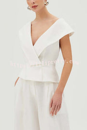 Velena Linen Blend Button Up Lapel Top and High Rise Pocket Wide Leg Pants Set