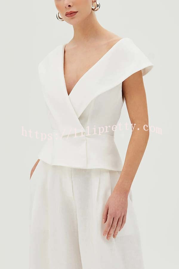 Velena Linen Blend Button Up Lapel Top and High Rise Pocket Wide Leg Pants Set