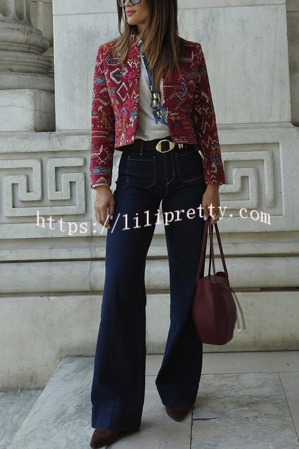 Vintage Bohemian Printed Chinese Style Buttons Long Sleeve Crop Jacket