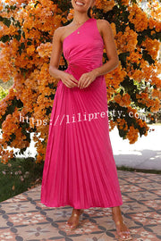 Charming One Shoulder Lace Up Cutout Pleated Maxi Dress