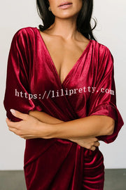 Lilipretty Brendy V Neck Half Sleeve Velvet Pleated Midi Dress