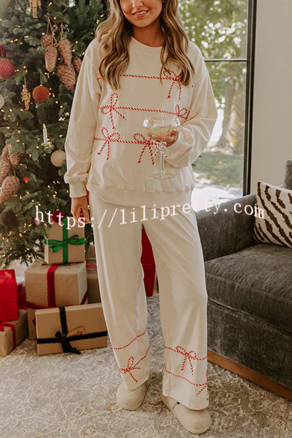 Candy Cane Cutie Loose Bow Tie Long-Sleeved Sweatshirt and Elastic Waist Pocket Pants Set