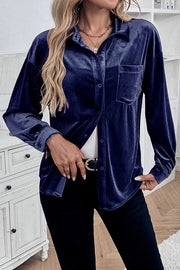 Solid Color Velvet Casual Lapel Pocket Loose Shirt