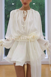 Solid Color Long Sleeve V-Neck Lace-Up Elegant Flower Decorated Mini Dress