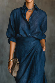 Solid Color Loose-fitting Collared Long-sleeved Shirt and Elegant Pleated Maxi Skirt Set