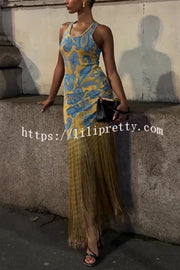Unique Print Sleeveless Fitted Fringed Hem Maxi Dress