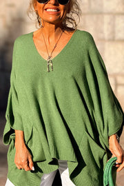 Fashion V-neck Loose Pocket Mid-length Knitted Poncho Sweater