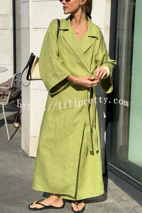 Linen Blend Solid Color Casual Lapel Tie Loose Maxi Dress