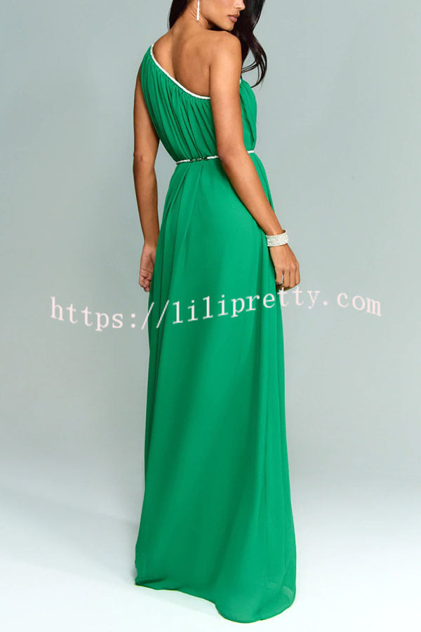 Elly One Shoulder Rhinestone Details Removable Belt A-line Maxi Dress