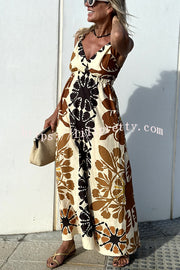 Lilipretty Jalen Linen Blend Ethnic Floral Print Knotted Strap Elastic Waist Midi Dress
