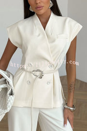 Modern City Double Breasted Belted Wide Short Sleeve Suit and Elastic Waist Loose Pants Set