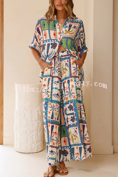 Unique Print Lapel Short Sleeve Loose Shirt and Elastic Waist Casual Pocket Wide Leg Pants Set