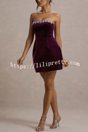 Effortlessly Elegant Velvet Jewel Embellished Trim Bandeau Mini Dress